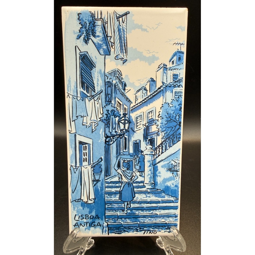 Lisboa Portugal Antiga Handpainted Ceramic Tile Signed Tino 7.75" x 4" - VTG